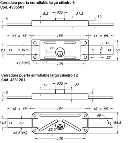 Esquema medidas cerradura puerta enrollable, cillindros de 6 y 12 mm